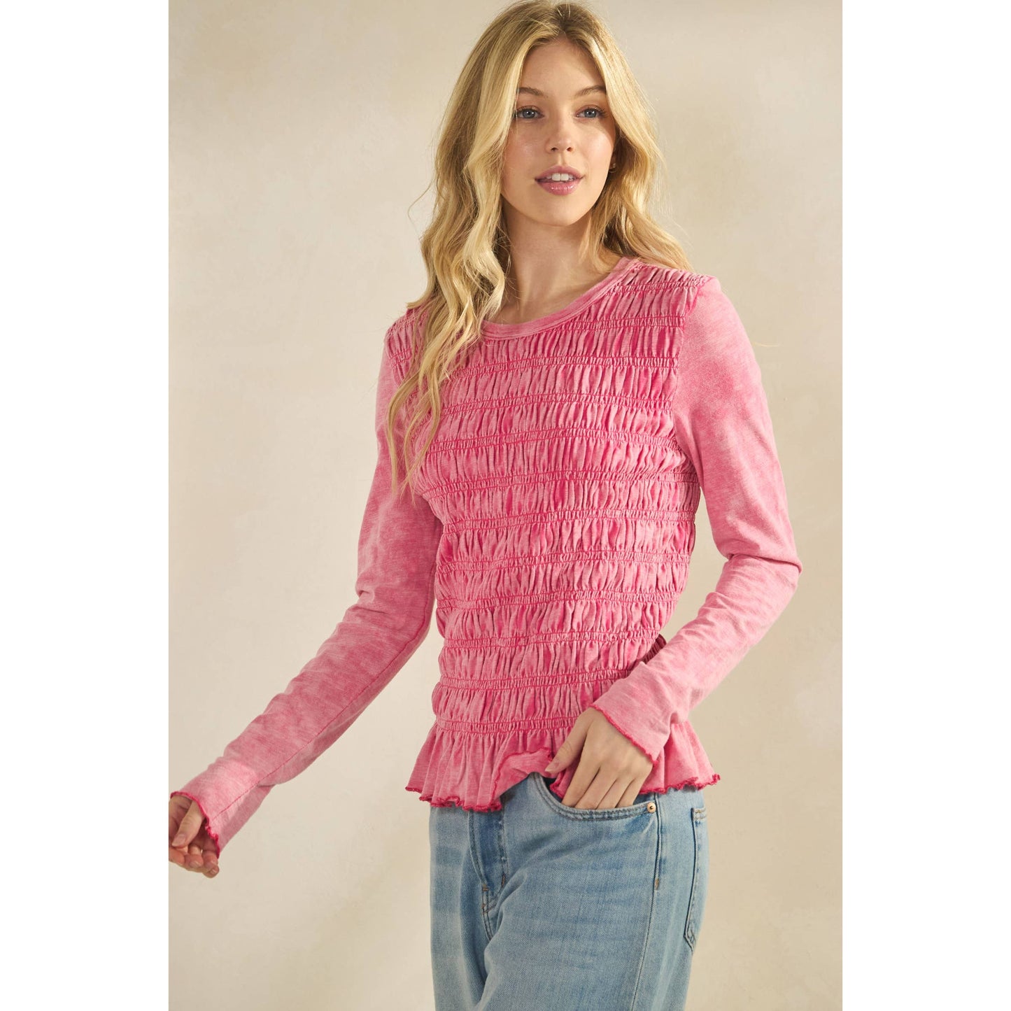 PINK SMOCKED PEPLUM LONG SLEEVE TOP