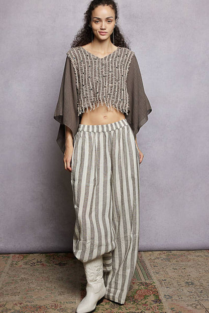 Stripe Elastic Waist Band Linen Wide Pants