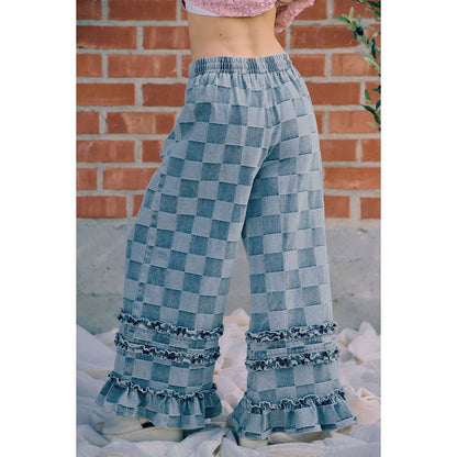 WASHED CHECKERBOARD DENIM RUFFLED DETAIL PANTS