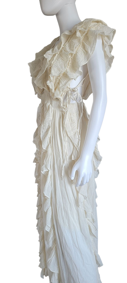 Cotton Long Ruffled Dress With Side Tie Strings Ivory