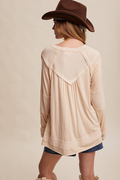 Textured Panel Button Henley Top