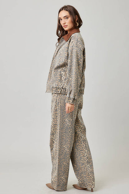 Garment Washed Leopard Baggy Pants