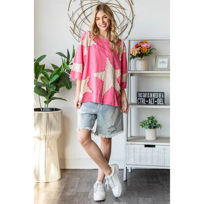 WASHED STAR PATCHWORK SHORT SLEEVE OVERSIZED TOP