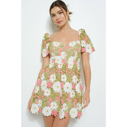 Floral Lace Puff Sleeve Embroidered Mini Dress