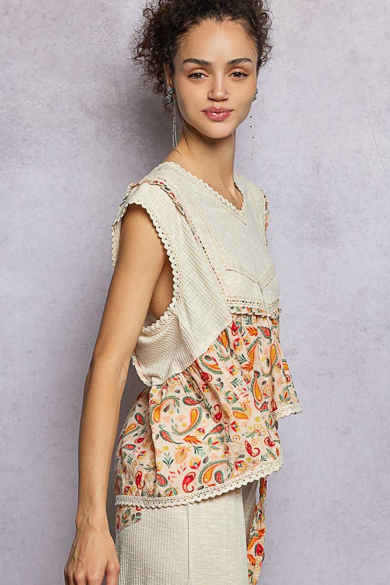 V-neck Floral Ruffle Sleeveless Top