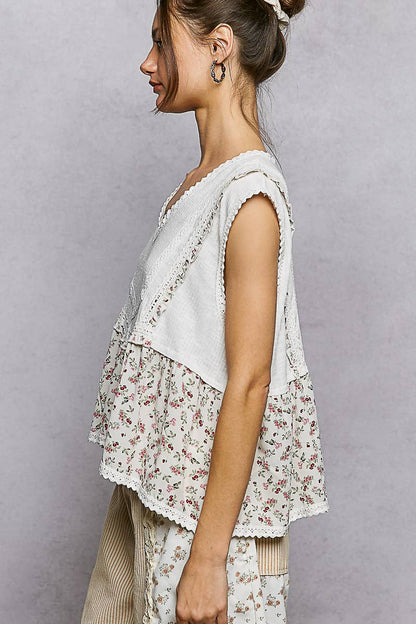 V-neck Floral Ruffle Sleeveless Top