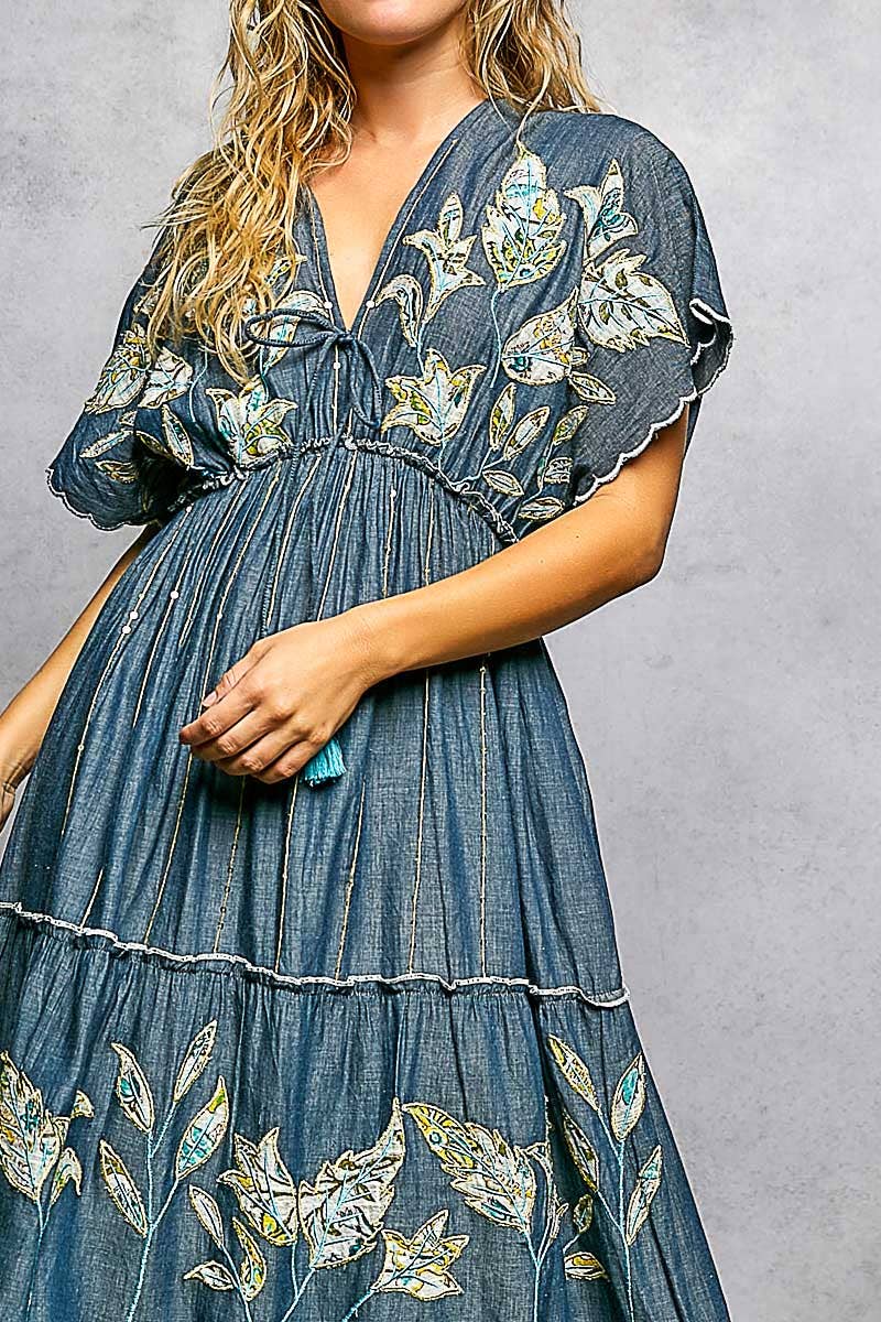 Embroidery Ruffle Cotton Denim V-Neck Long Dress