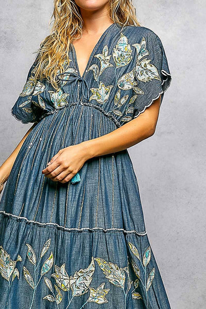 Embroidery Ruffle Cotton Denim V-Neck Long Dress