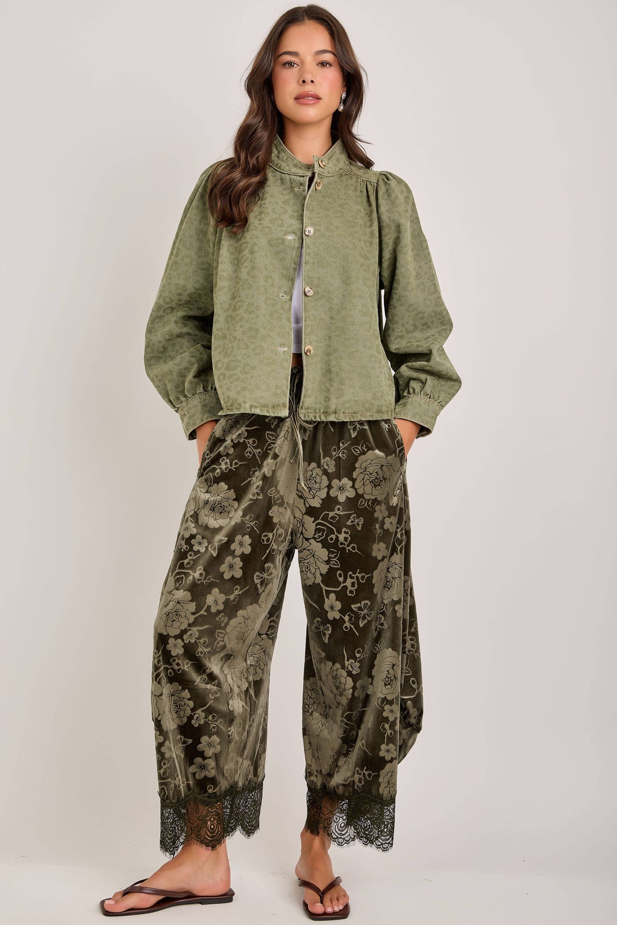 FLORAL EMBOSSED VELVET WIDE BALLOON LEG PANTS