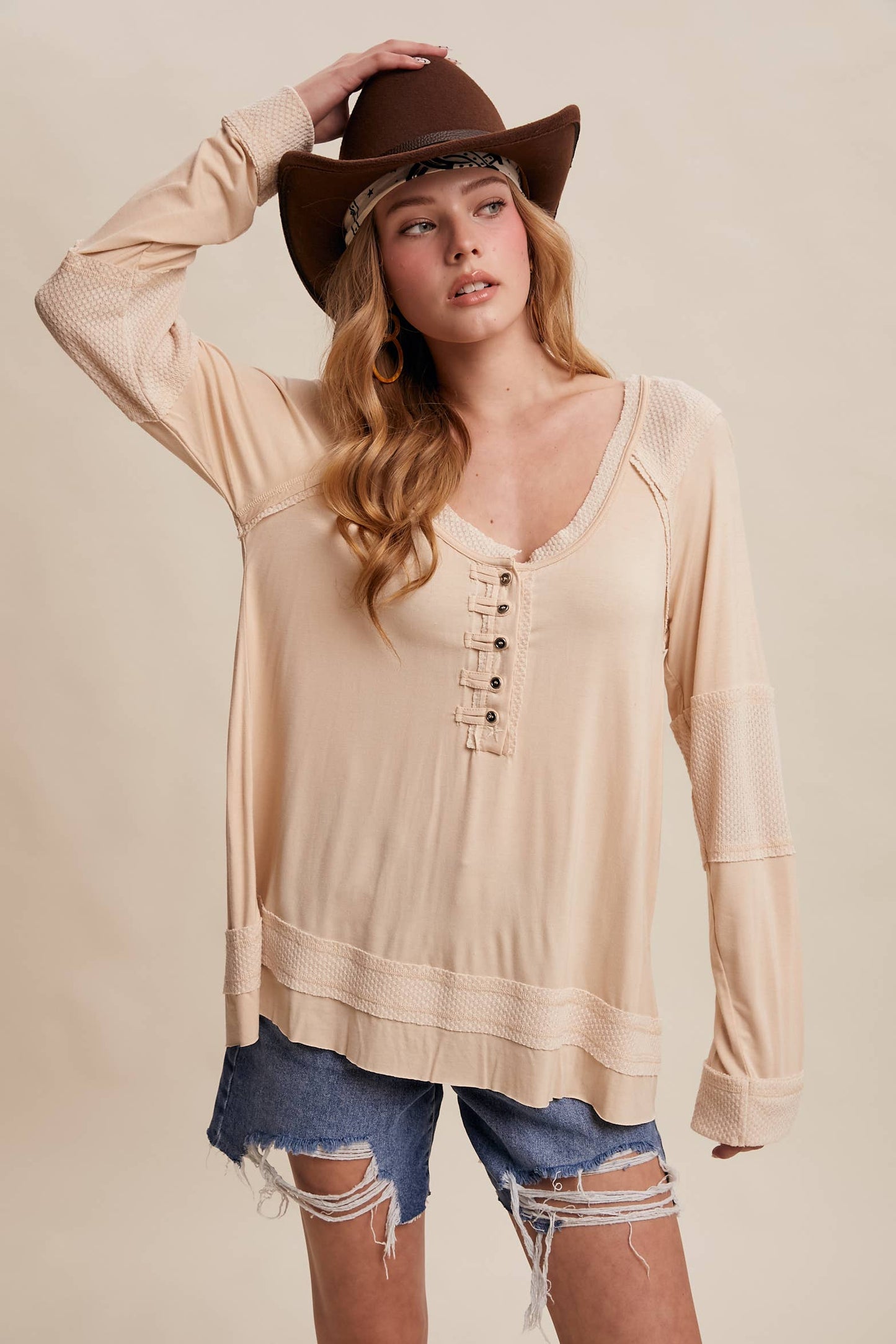 Textured Panel Button Henley Top