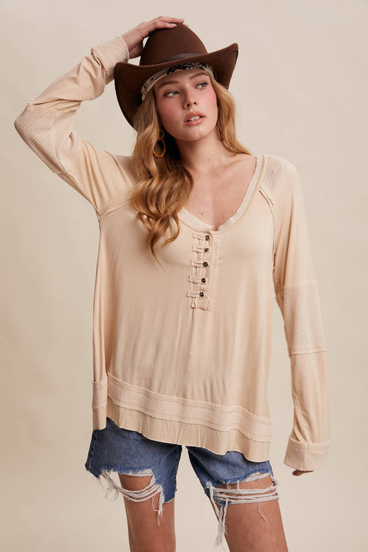 Textured Panel Button Henley Top