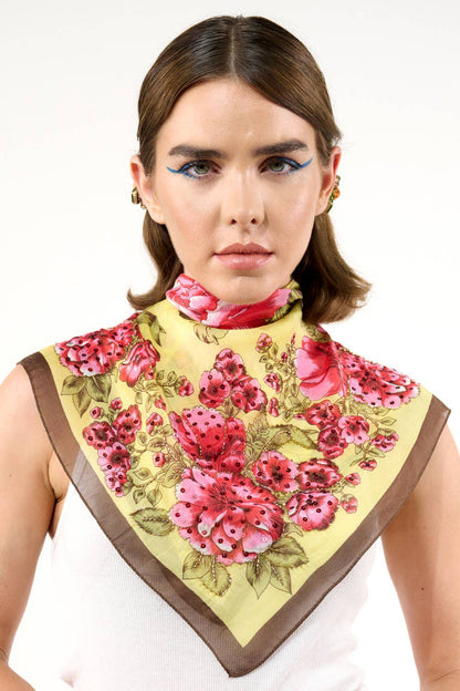 Yellow Rose Hand Embellished Bandana Scarf