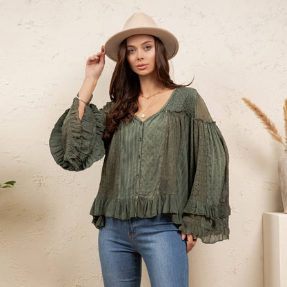 Dreamy Sheer V-Neck Ruffled Button-Front Top