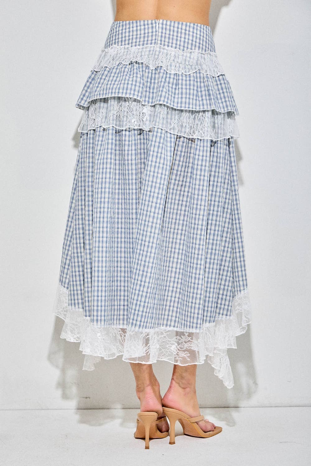 GINGHAM AND LACE TIERED MIDI SKIRT