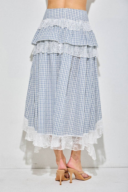 GINGHAM AND LACE TIERED MIDI SKIRT