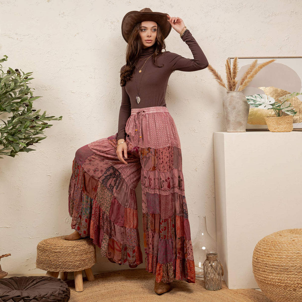 Boho Artisan Tiered Patchwork Wide-Leg Pants