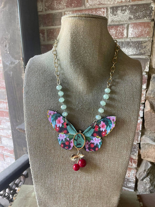 Floral BUTTERFLY with cherries Necklace