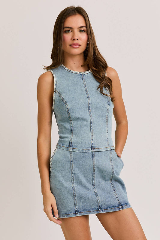 DENIM TOP WITH LOW WAIST DENIM SKIRT