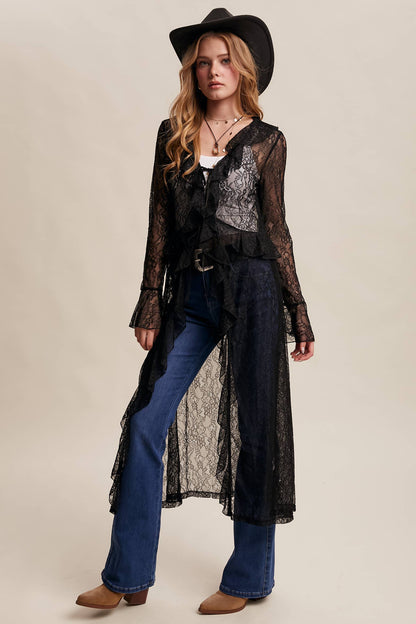 Black Sheer Lace Ruffle Duster