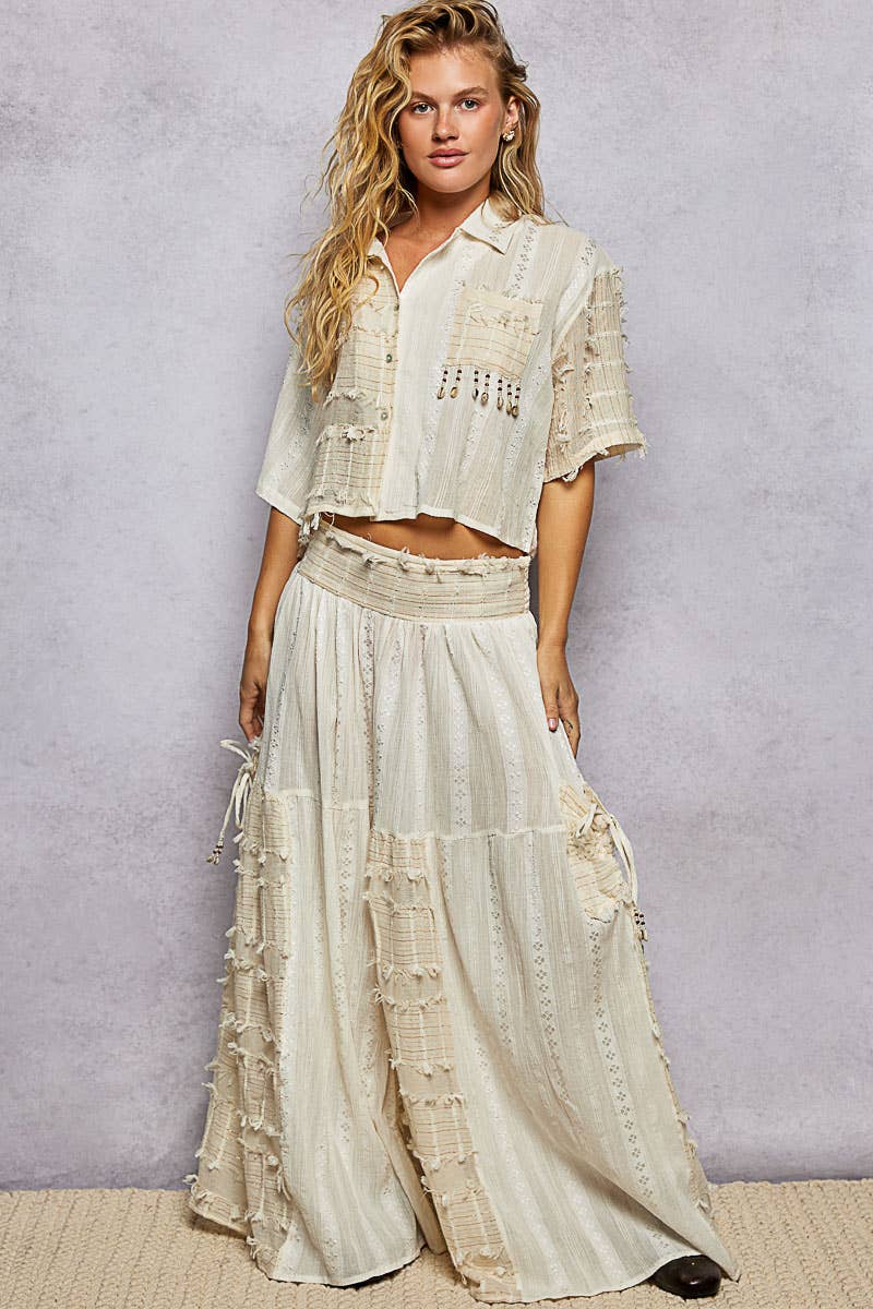 Boho Ruffle Contrast Shell Trim Wide Leg Pants