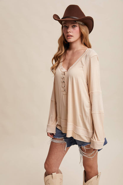 Textured Panel Button Henley Top