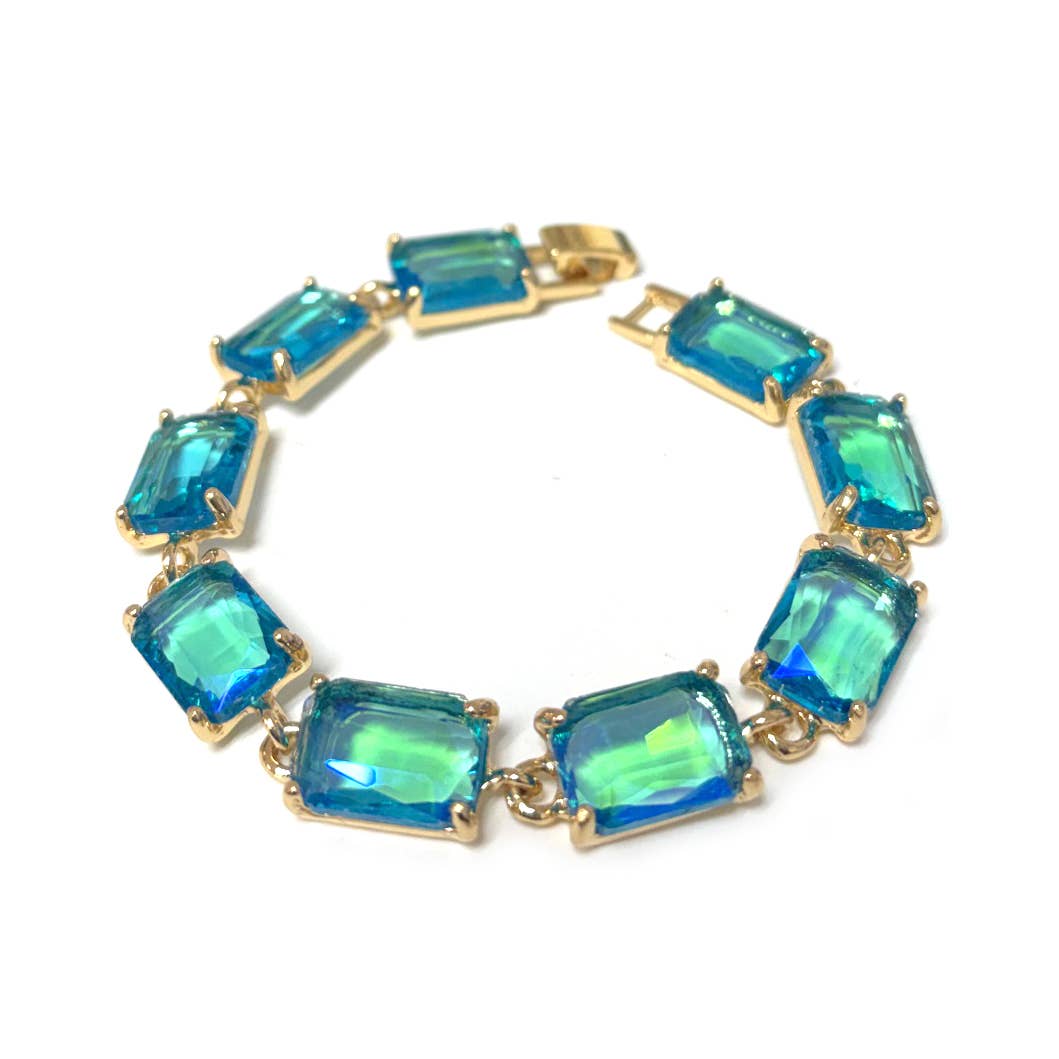Emerald Cut Glass Crystal Linked Statement Bracelet