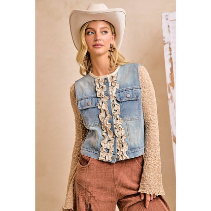 WOMEN WASHED DENIM RUFFLE LAYERING VEST