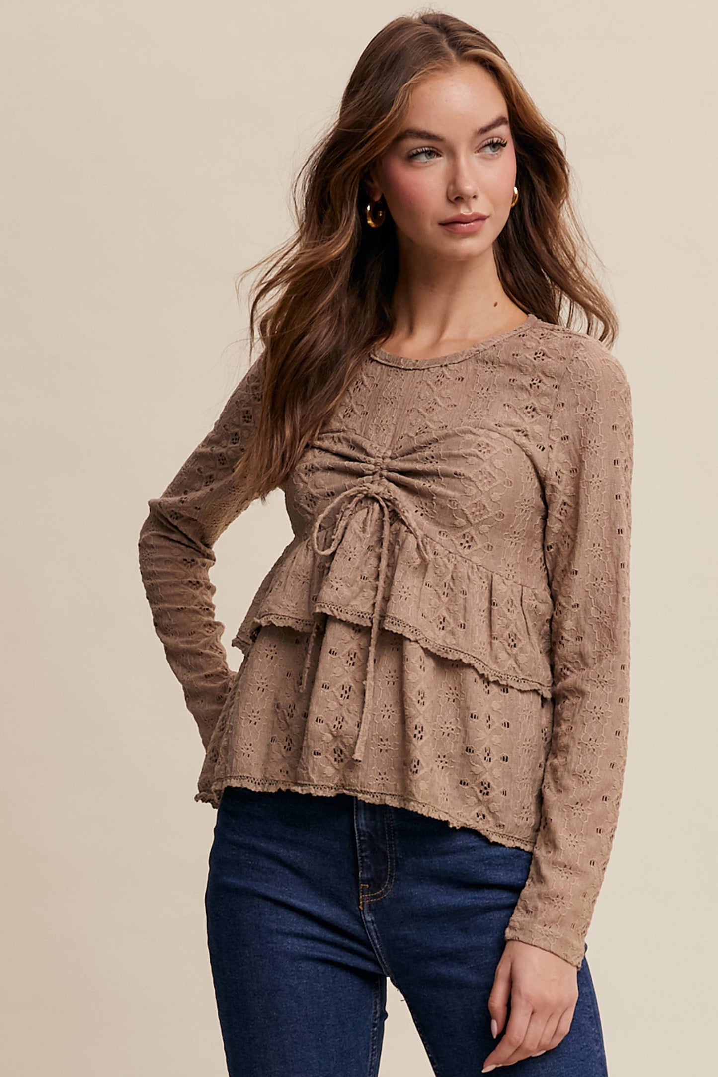 Stretch Lace Tiered Blouse with Drawstring Detail