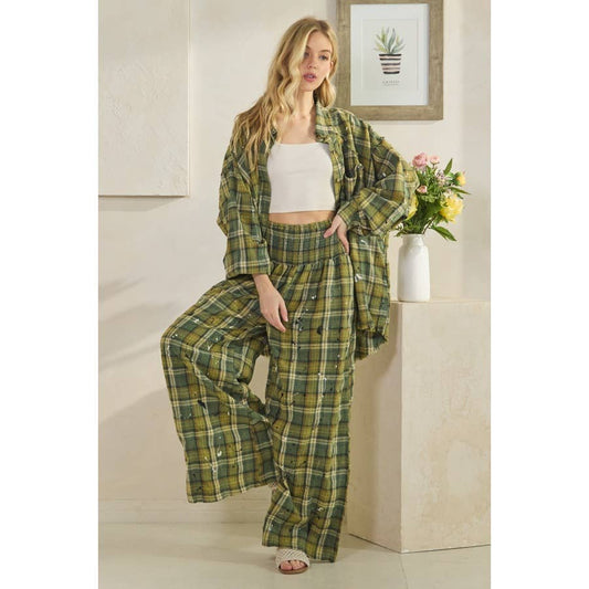 WASHED PLAID SMOCKED WAIST WIDE LEG PANTS