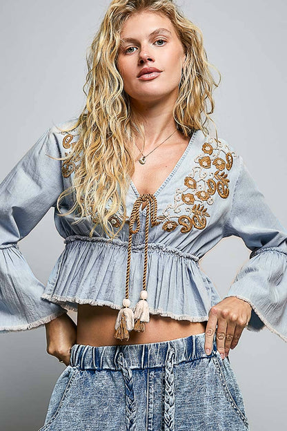 3/4 Sleeve Embroidered Bead Neck Loop Tassel Cotton Top