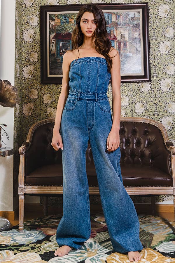 Corset Style Strapless Denim Jumpsuit