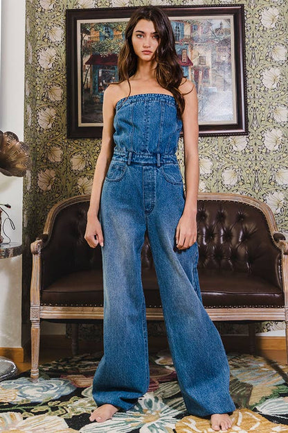 Corset Style Strapless Denim Jumpsuit