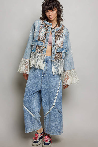 Boho Lace Trim Patchwork Denim Jacket