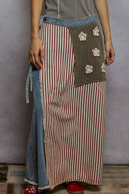 American flag wrapping raw edge camo/solid woven wide pants