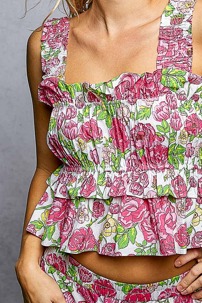 A-Line Elastic Shirring Ruffle Floral Sleeveless Top