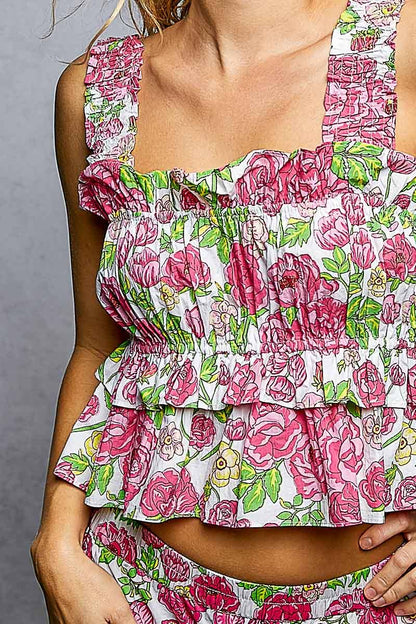 A-Line Elastic Shirring Ruffle Floral Sleeveless Top