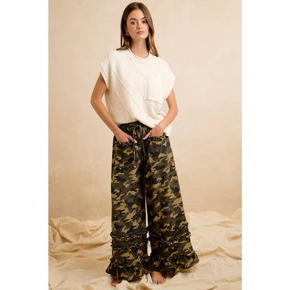 CAMOUFLAGE PRINTED TWILL RUFFLED DETAIL WIDE PANTS