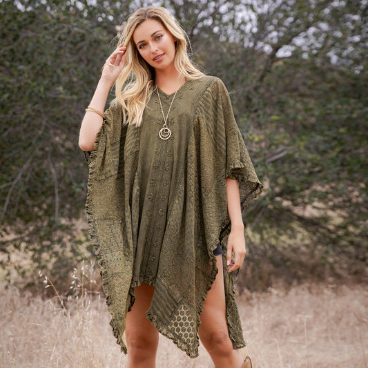 Boho Lace Embroidered V-Neck Asymmetrical Kaftan Top
