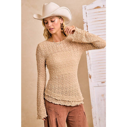 TEXTURED LACE KNIT DIAGONAL HEMLINE BELL SLEEVES TOP