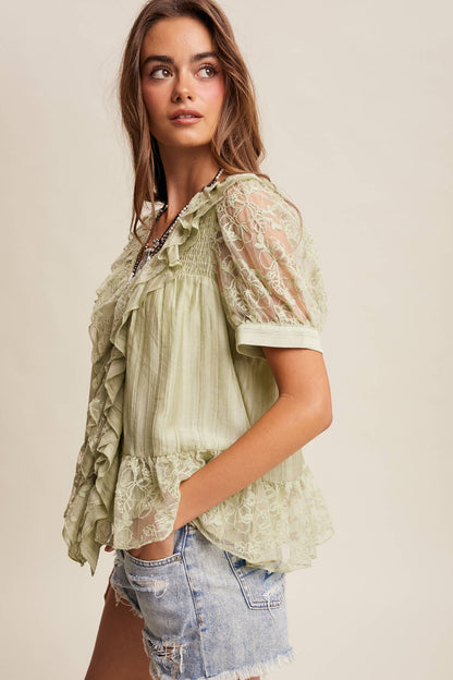 Lace Trim Ruffle Peplum Blouse