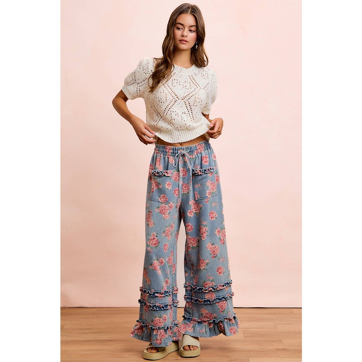 WASHED FLORAL DENIM WITH RUFFLE ELASTIC WIDE PANTS