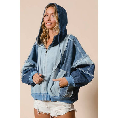 COLOR BLOCK WASHED DENIM ZIP UP HOODIE