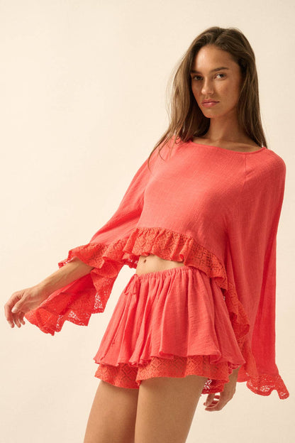 Cotton Gauze and Crochet Lace Ruffle Bell-Sleeve Cropped Top