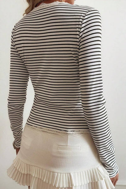 Striped Lace Trim Button Front Cardigan Top
