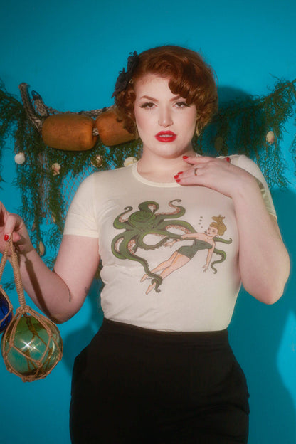 Girl With Octopus Fitted Tee in Ivory