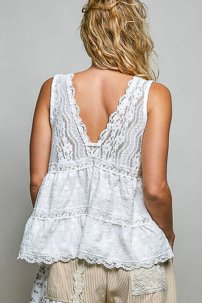 Sleeveless Deep V-neck Lace Trim Knit Top