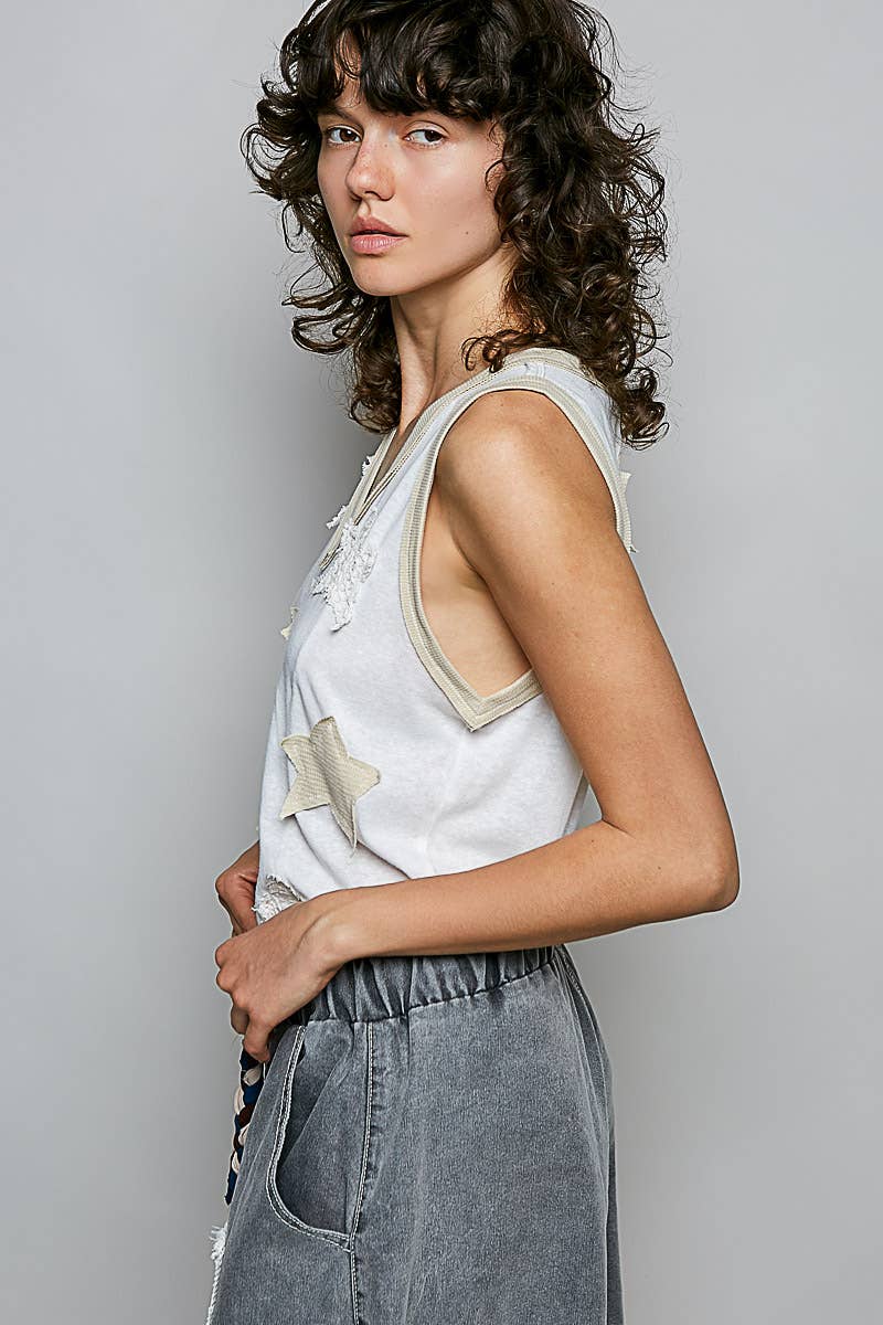 V-neck Sleeveless Front Star Patches Solid Basic Top