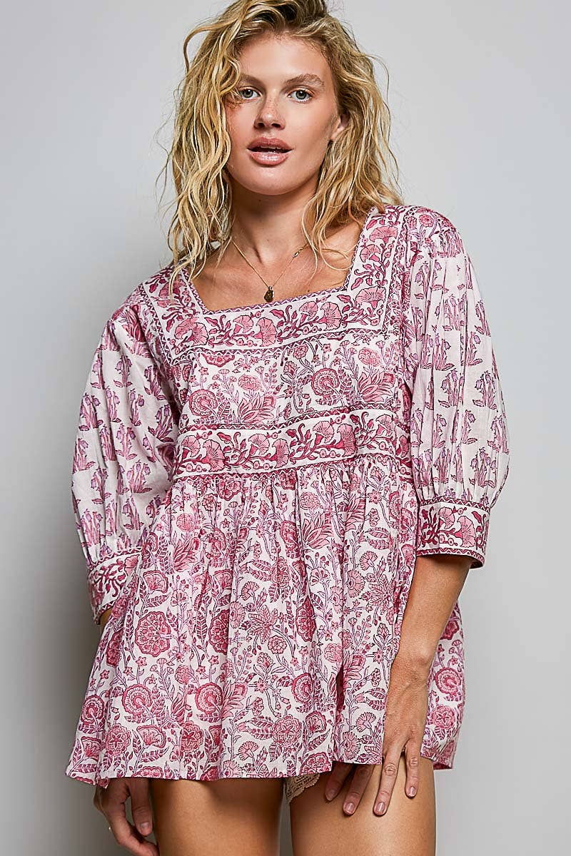 Boho Square Neck Gathered Waist Floral Block Print Blouse