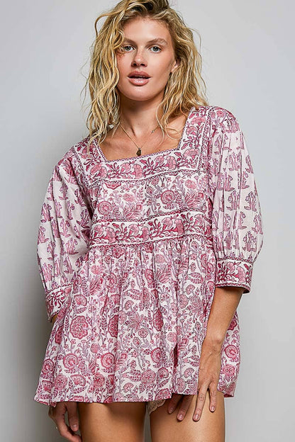 Boho Square Neck Gathered Waist Floral Block Print Blouse
