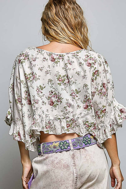 Lightweight Tie Neckline Floral Ruffle Woven Cropped Top